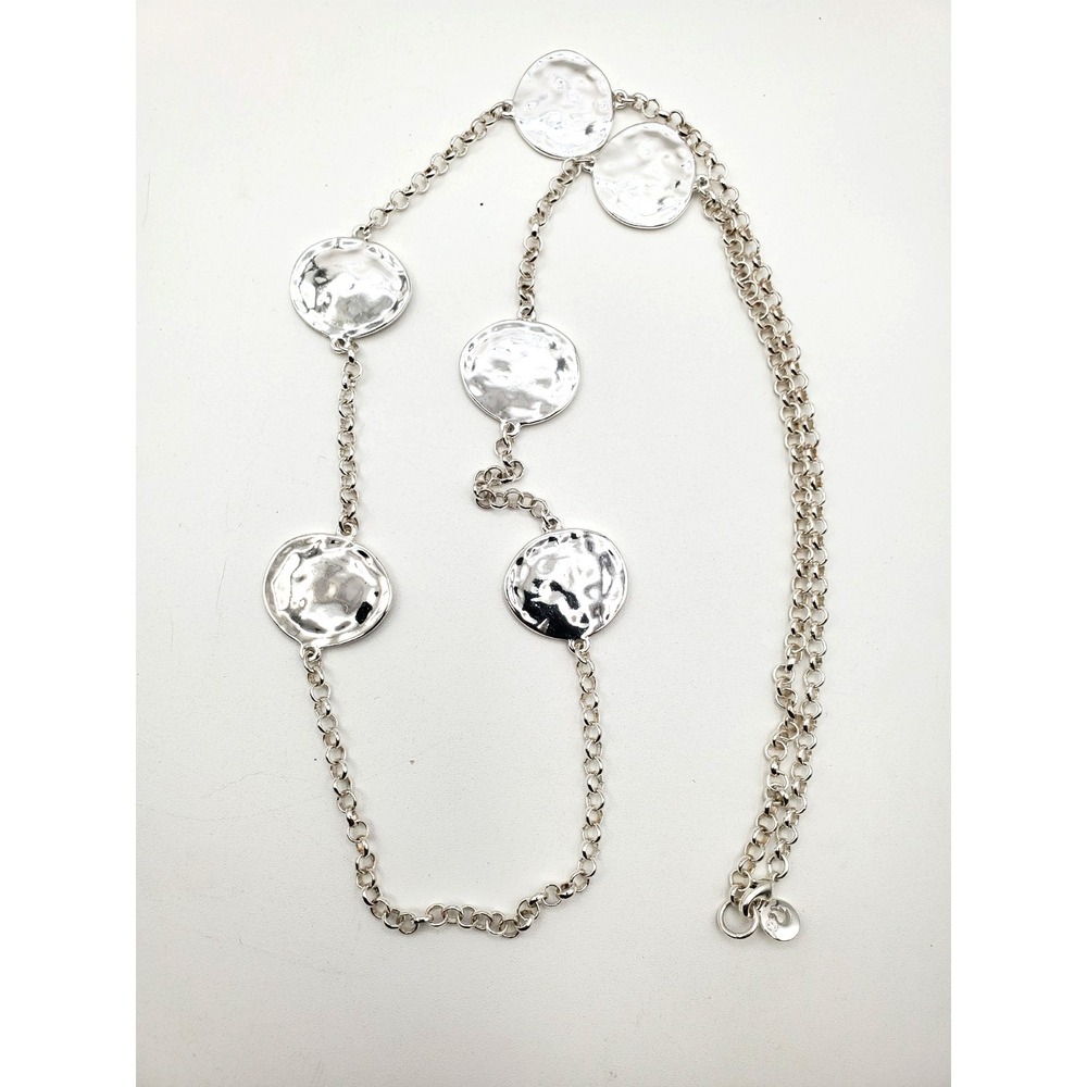 Swarovski 34" Hammered Disc Opera Necklace Swan Signed Silver Tone